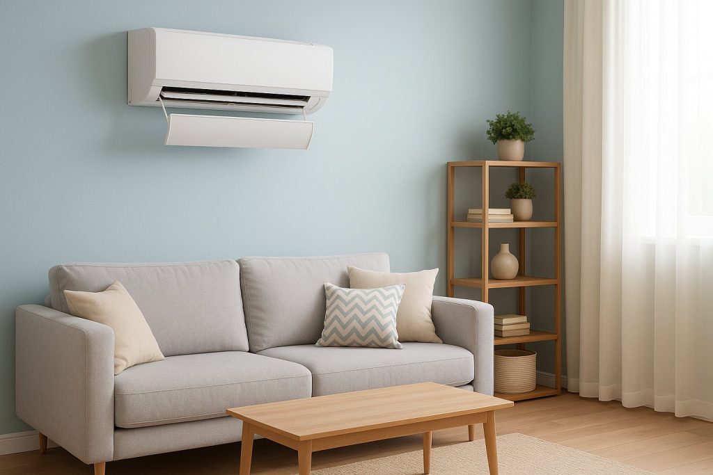 Стенен климатик с дефлектор в модерна всекидневна с диван, рафт и светлосини стени.