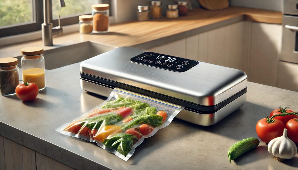 машината за вакуумиране в процес на запечатване на плик с пресни зеленчуци