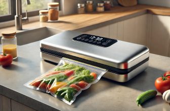 машината за вакуумиране в процес на запечатване на плик с пресни зеленчуци