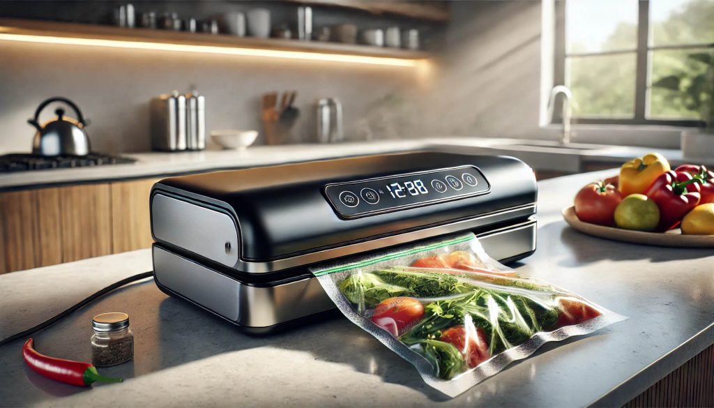 машината за вакуумиране работи с един плик, съдържащ свежи зеленчуци