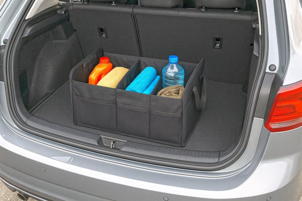 Органайзер с различни предмети в отворен багажник на кола.