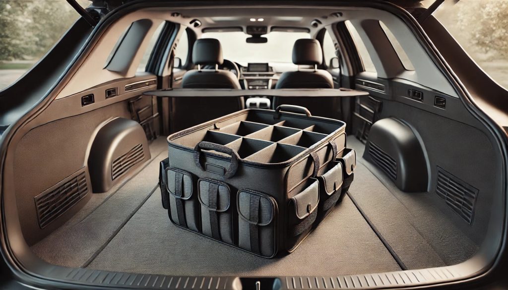 органайзер за багажник, разположен в задната част на багажника