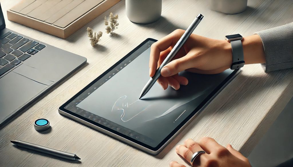 писалка за таблет с модерен и елегантен дизайн. Писалката е тънка и цилиндрична с матово черно покритие, което осигурява удобен захват и стилен вид