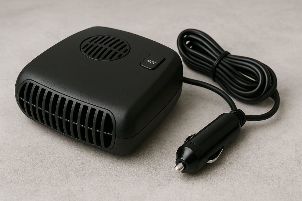 Компактна черна автомобилна печка с кабел и щепсел за запалка, поставена върху светлосива повърхност.