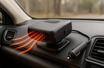 Черна автомобилна печка, монтирана на таблото, излъчва топъл въздух в интериора на кола.