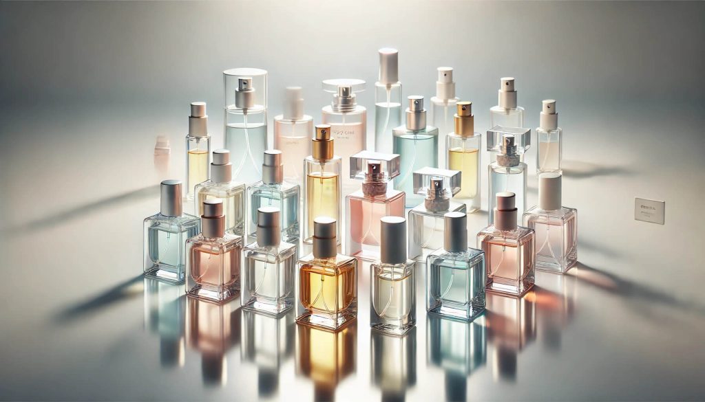 изображение на комплект от малки тестери за парфюми, подредени елегантно върху лъскава бяла повърхност