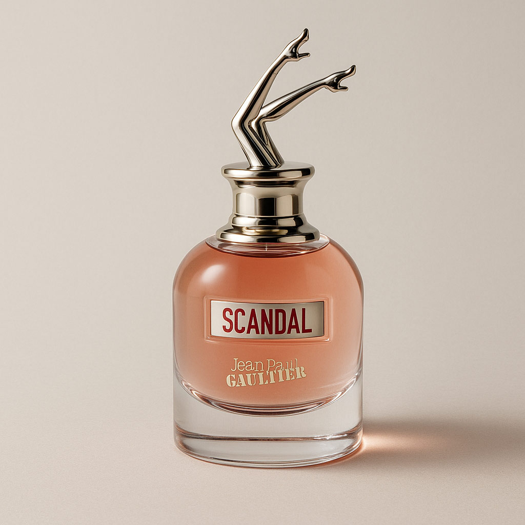 Бутилка на парфюма Scandal от Jean Paul Gaultier с капачка във формата на златни крака на висок ток