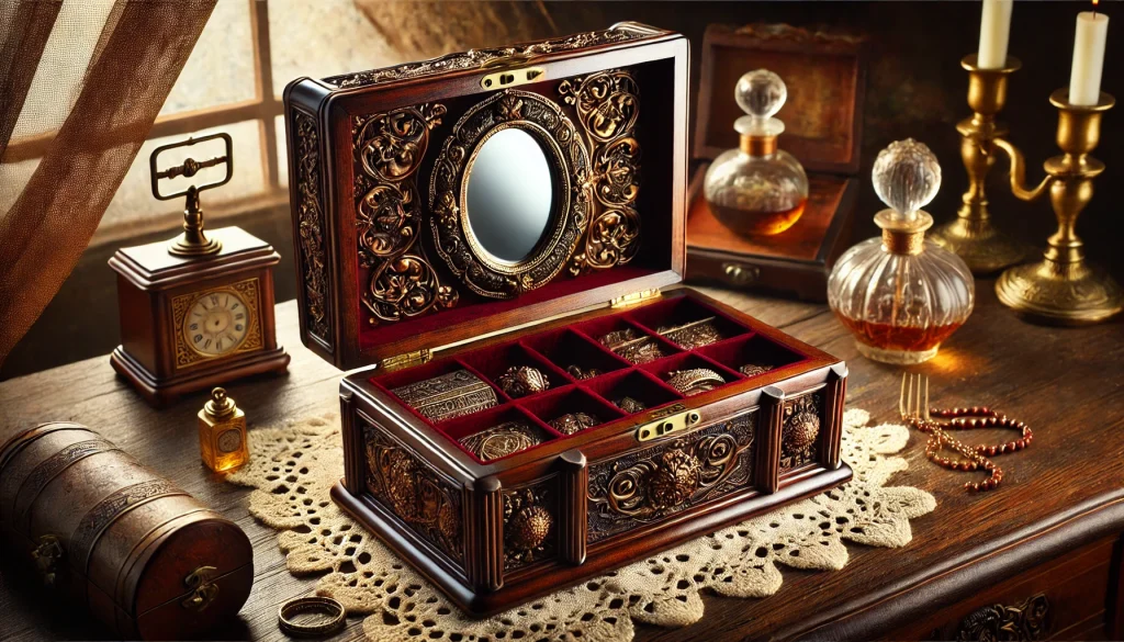 винтидж и антична кутия за бижута с детайлни дърворезби, тъмно полирано дърво и плюшена червена вътрешност