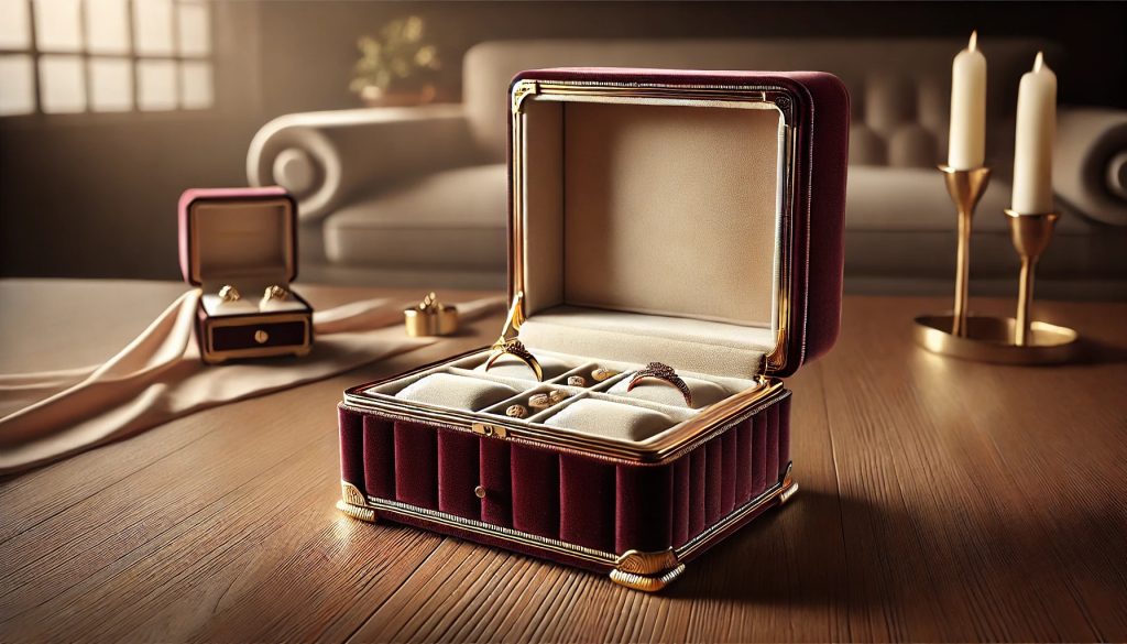 изискана кадифена кутия за бижута с бордо текстура и златни акценти