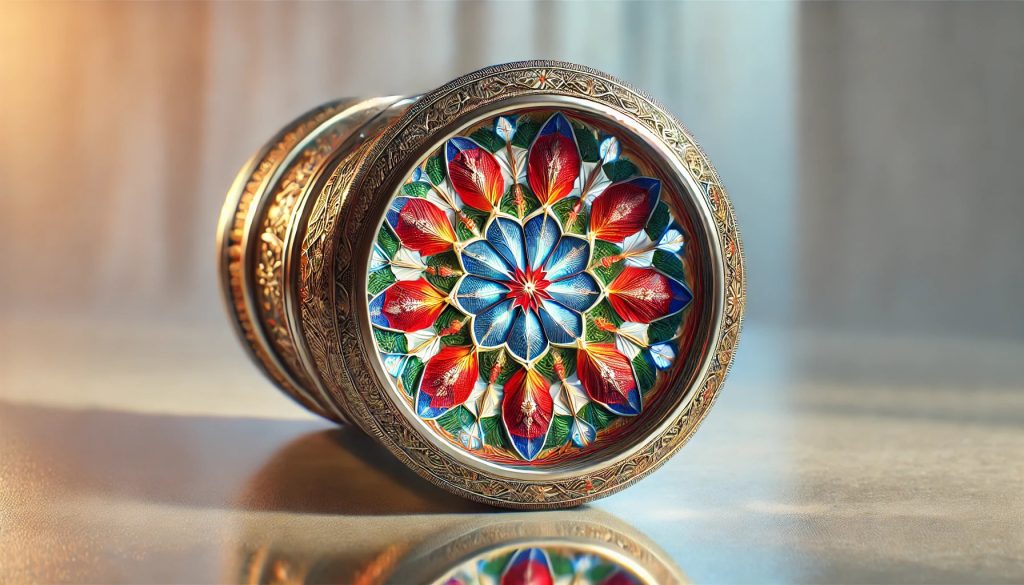 Избор на калейдоскоп: Какво трябва да знаете за децата 4 изображение на красиво изработен калейдоскоп с ярки цветове и симетрични геометрични шарки