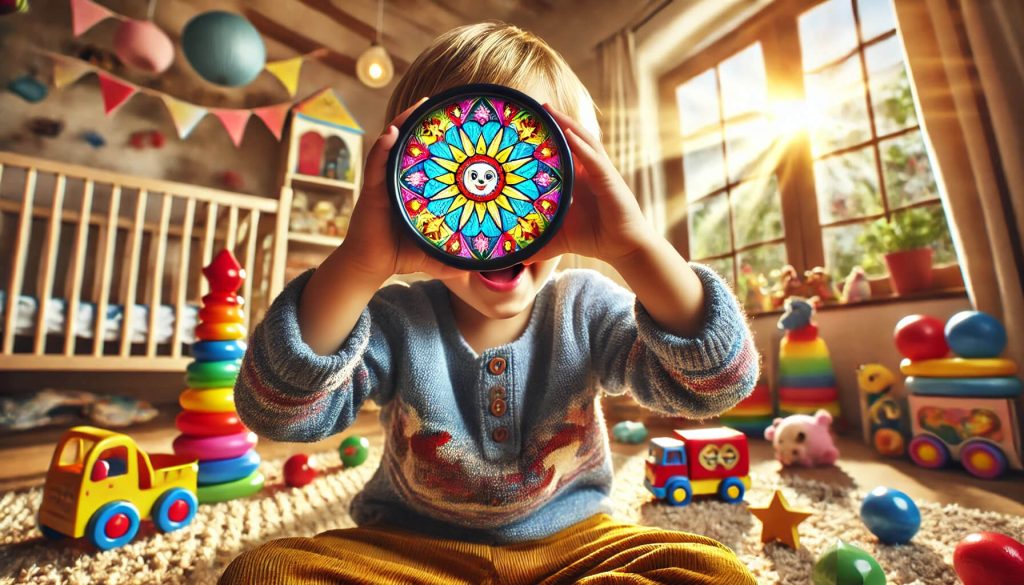 Избор на калейдоскоп: Какво трябва да знаете за децата 5 дете, което с радост гледа през калейдоскоп в уютна и ярка обстановка