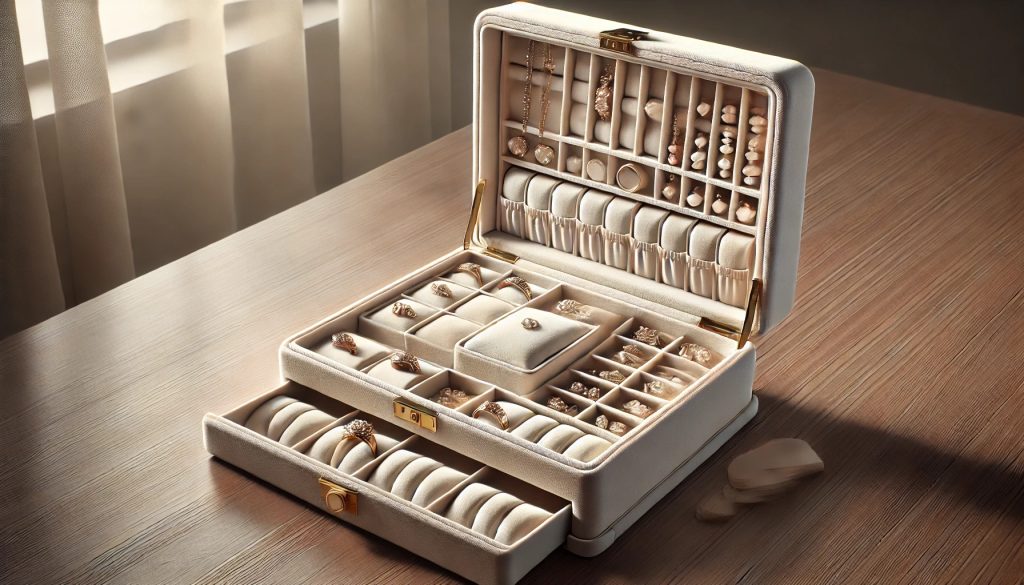 кутия за бижута с множество отделения и разделители за практично и изискано съхранение