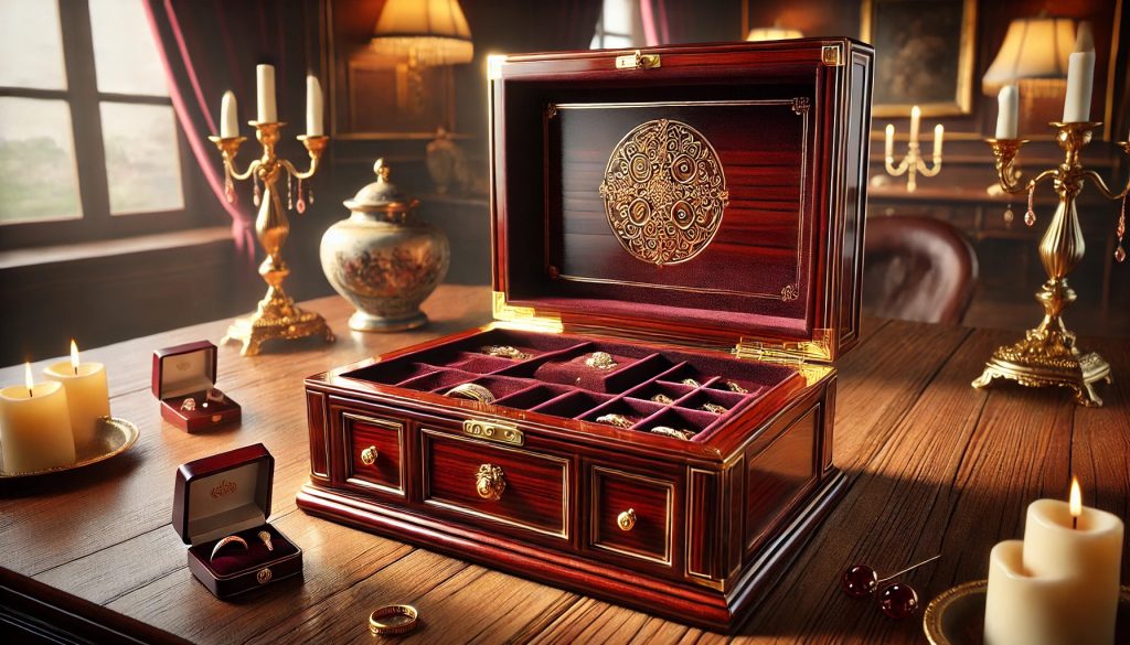 луксозна дървена кутия за бижута с изискан дизайн и детайли от махагон и кадифена вътрешност.