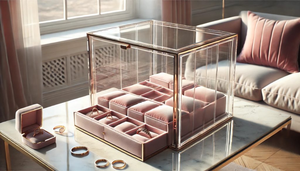 стъклена кутия за бижута с елегантна златна рамка и велурени отделения в розов нюанс