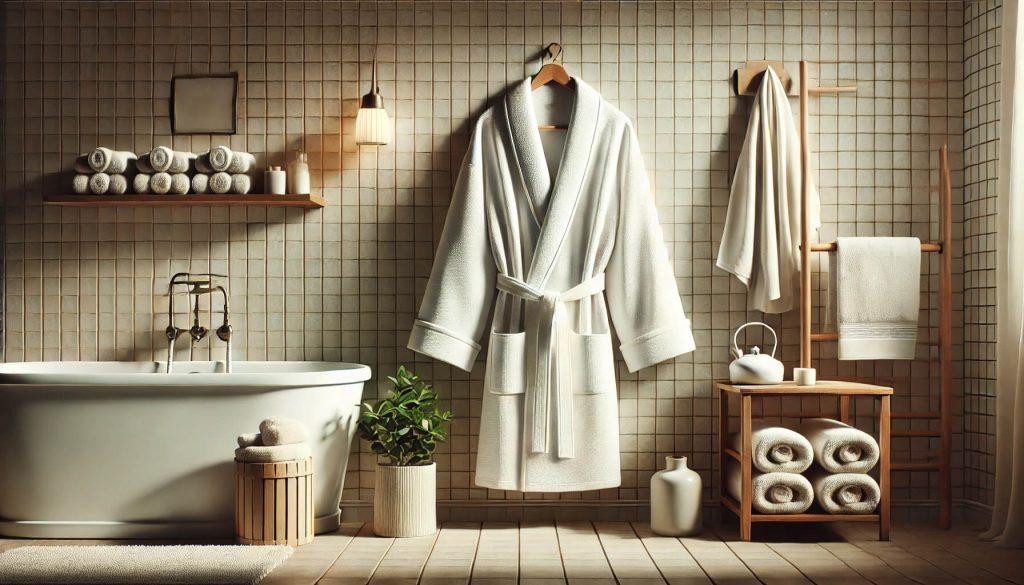 халат за баня закачен в уютна обстановка с класически детайли