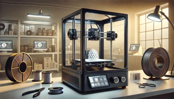 изображение на модерен 3D принтер, който активно отпечатва сложен модел в добре организирана работна среда