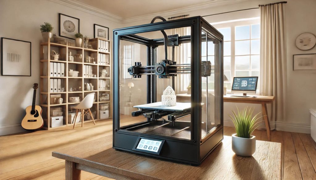  3D принтер в домашна обстановка, разположен в светла стая с уютна и функционална работна среда.