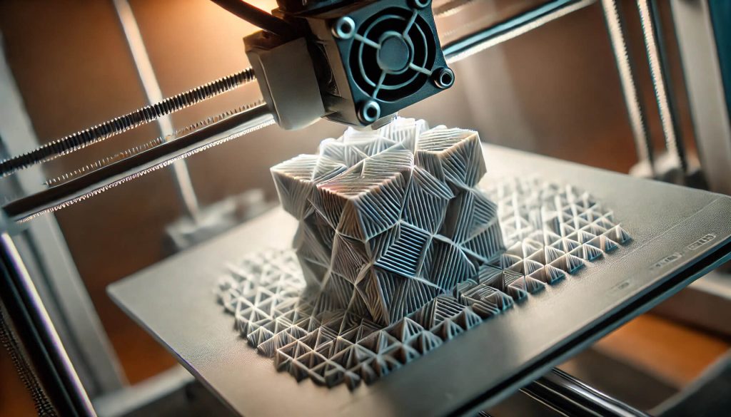 изображение на 3D принтиран обект в процес на създаване, с фокус върху детайлите и слоевете на модела