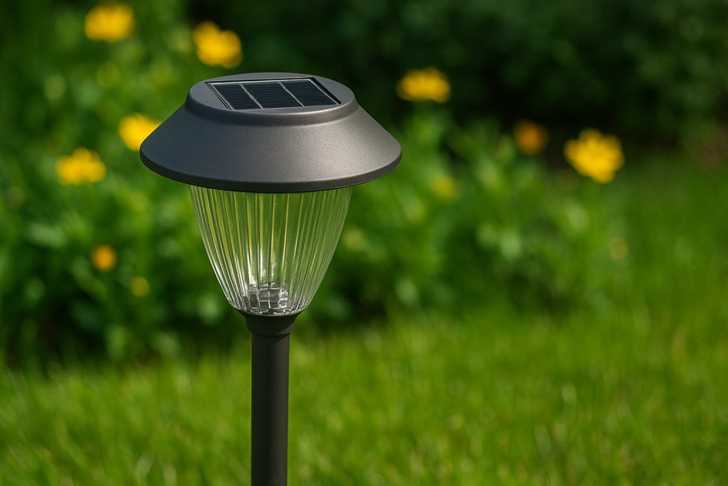 Черна соларна градинска лампа със стъклен абажур, поставена сред зелена трева и цветя.