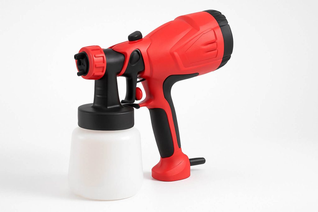 Червено-черен електрически пистолет за боядисване с бял резервоар, поставен върху бял фон