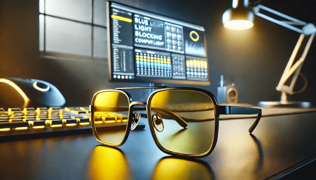 изображение на очила за компютър, които блокират вредната синя светлина от монитора.