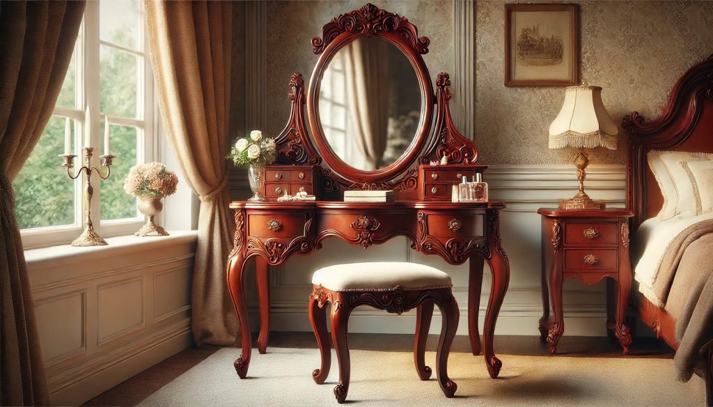 изображение на класическа тоалетка с изискан дървен дизайн и винтидж атмосфера.