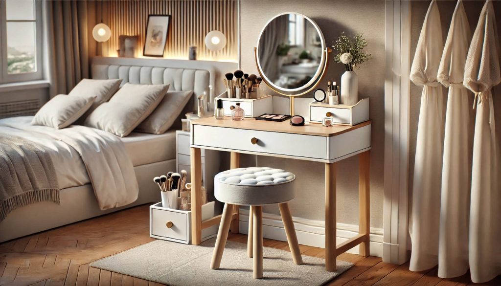 изображение на компактна тоалетка, идеална за малка спалня, с елегантен дизайн и функционално разпределение