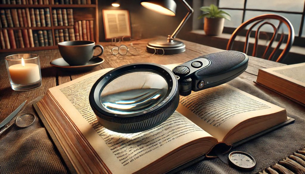 лупа за четене с ергономичен дизайн, LED осветление и удобна дръжка, поставена върху отворена книга