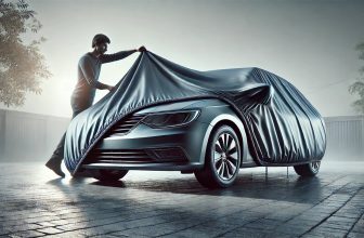 изображение на човек, който покрива кола с покривало, като автомобилът е наполовина покрит