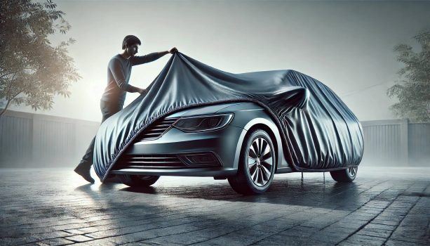 изображение на човек, който покрива кола с покривало, като автомобилът е наполовина покрит