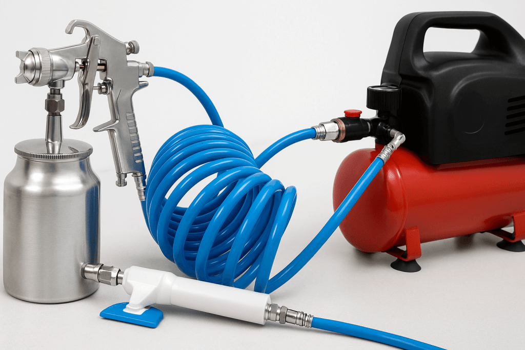 Метален пистолет за боядисване свързан с компресор чрез син въздушен маркуч, поставен върху светъл фон