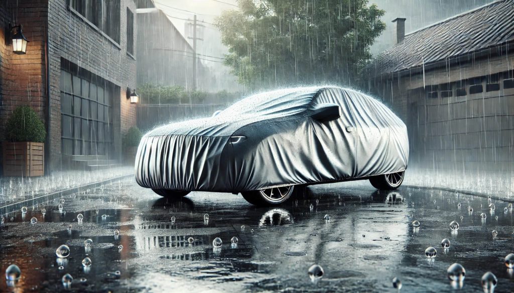 изображение на кола, покрита с водоустойчиво покривало по време на дъждовен ден