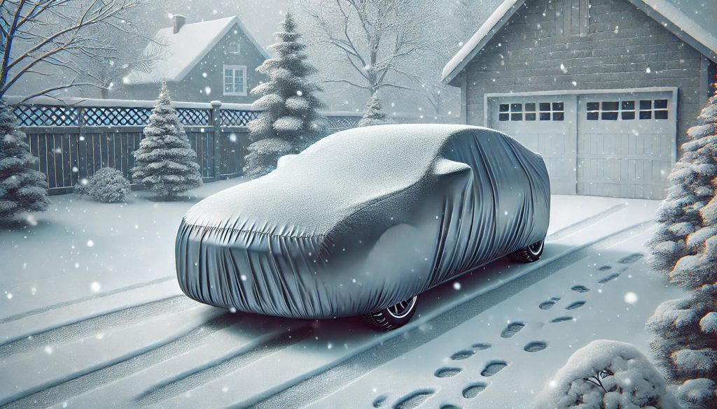 изображение на кола, покрита с водоустойчиво покривало по време на снеговалеж.