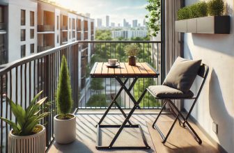 изображение на сгъваема маса за тераса, съчетаваща стил и практичност в уютна външна обстановка.