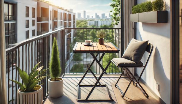 изображение на сгъваема маса за тераса, съчетаваща стил и практичност в уютна външна обстановка.