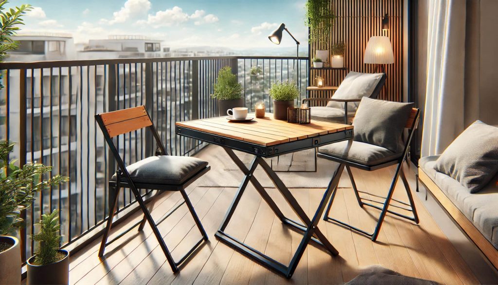 сгъваема маса за тераса, с модерен и практичен дизайн, прикрепена към парапета за оптимално използване на пространството.