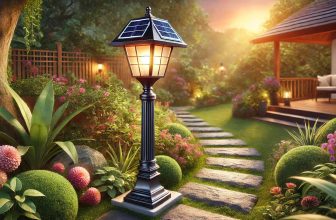 изображение на соларна лампа за градина, поставена в красиво осветена външна среда.