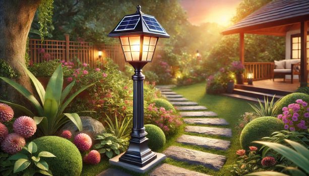 изображение на соларна лампа за градина, поставена в красиво осветена външна среда.
