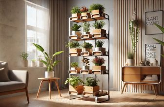 изображение на компактен цветарник, подходящ за малко пространство, с вертикален дизайн за ефективно използване на мястото