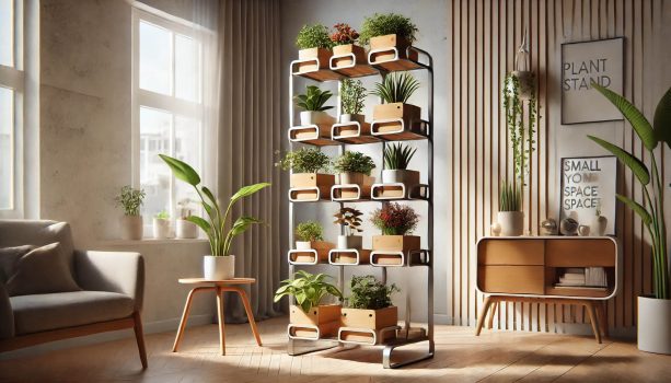 изображение на компактен цветарник, подходящ за малко пространство, с вертикален дизайн за ефективно използване на мястото