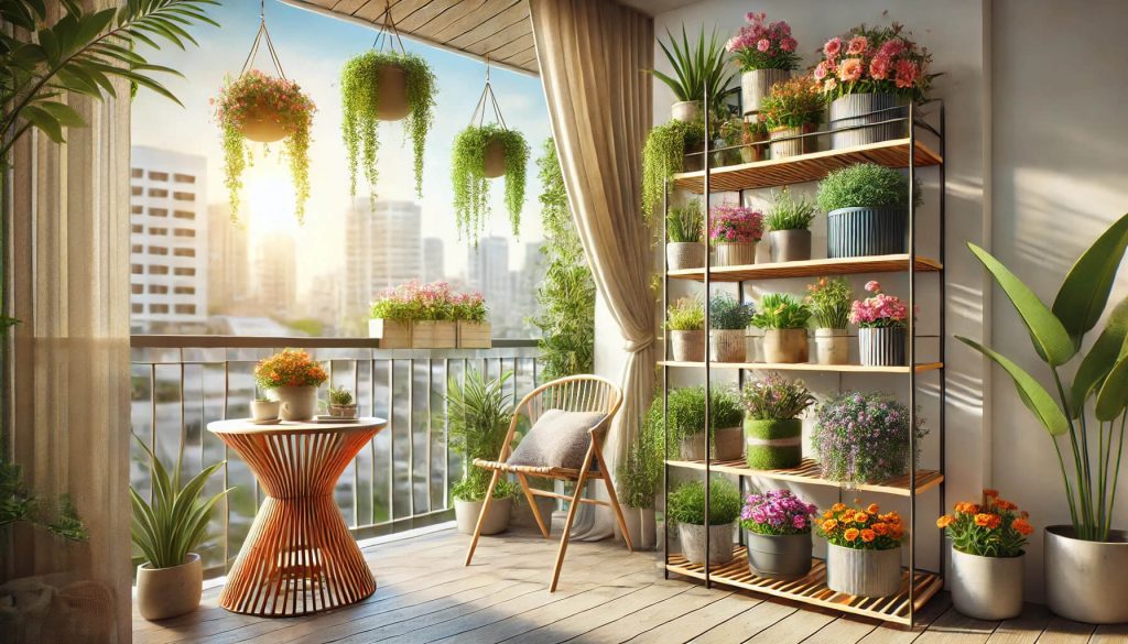 изображение на уютен балкон с цветарник, изпълнен с красиви растения