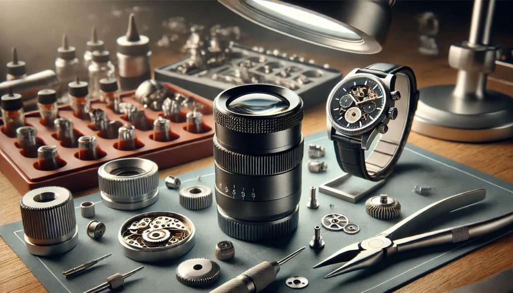 часовникарска лупа, разположена в професионална работилница до часовникови механизми