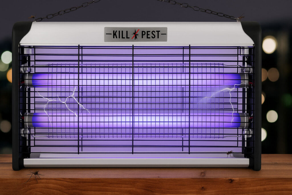 Голяма електрическа лампа GAIA Kill Pest K199 с две UV тръби и решетка, поставена върху дървена повърхност на фона на нощна градска светлина.