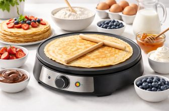 Електрически уред за приготвяне на палачинки с изпечена палачинка върху плочата и съставки за гарниране около него