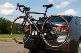 Черно колело, монтирано на стойка върху задната част на сива кола, паркирана край път в слънчев ден.