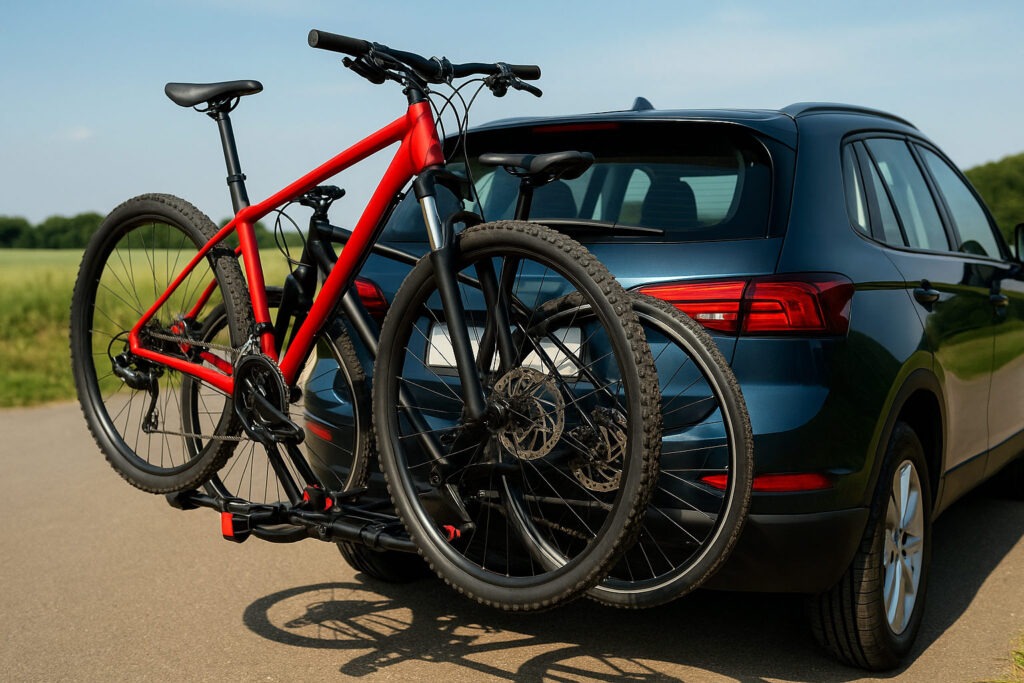 Червено-черен и черен планински велосипед, закрепени на стойка върху задната част на сребрист SUV, паркиран край път.