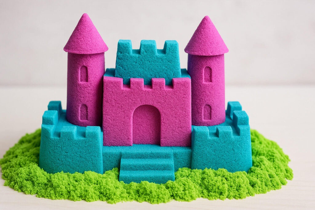 Замък направен от розов, син и зелен кинетичен пясък, поставен върху светла повърхност.
