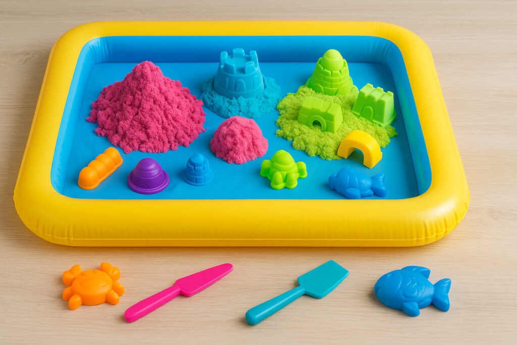 Игрална площ с цветен кинетичен пясък, фигурки и пластмасови форми в жълто-син надуваем басейн върху дървена повърхност.