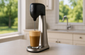 Модерен миксер за фрапе с готова разпенена напитка, разположен на кухненски плот пред прозорец с изглед към зелен двор в слънчев летен ден.