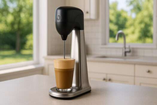 Модерен миксер за фрапе с готова разпенена напитка, разположен на кухненски плот пред прозорец с изглед към зелен двор в слънчев летен ден.